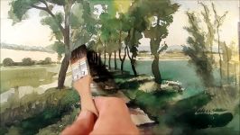 Watercolour Painting  Road With Trees Landscape  By Vamos