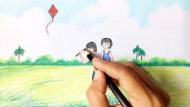 How to draw Kite Flying Scenery.Step by stepeasy draw