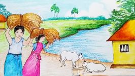 How to Draw a Village Landscape where farmers harvesting paddy scenery