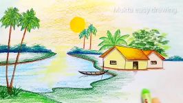 How to draw Riverside Village Scenery.Step by stepeasy draw