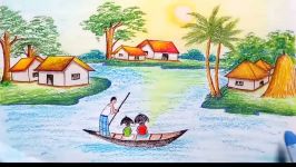 How to draw Riverside Village Scenery.Step by stepeasy draw