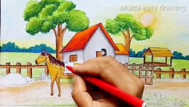 Landscape drawing for beginners with oil pastels.Step by stepeasy draw