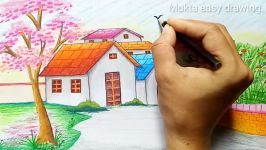 How to draw landscape scenery of spring season with oil pastels.Step by step