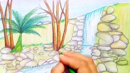 How to draw scenery of Stream waterfall.Step by stepeasy draw