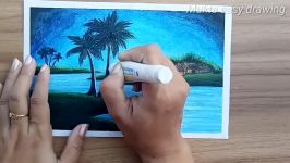 How to draw Moon light night Village Scenery with Oil Pastel.Step by step