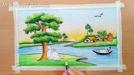 How to draw scenery of riverside village with Oil Pastel.Step by stepeasy draw