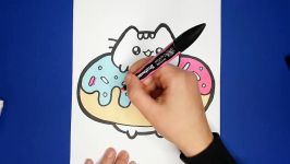 HOW TO DRAW CUTE PUSHEEN CAT IN A YUMMY DONUT  HAPPY DRAWINGS