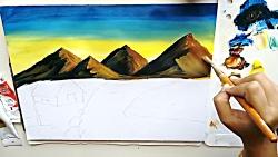 آموزش نقاشی رنگ روغن بسیار زیبا ، موضوع طبیعت کوهستان