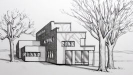 How to Draw a House in 1 Point Perspective with Trees and Shadows