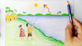 How to draw scenery of Kite flying Step by step very easy