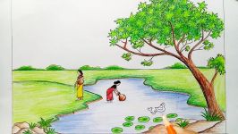 How to draw scenery of pond ghat Step by step very easy