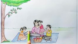 How to draw scenery of family picnic step by step