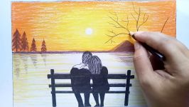 How to draw scenery of sunset with oil pastel step by step