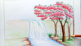 How to draw scenery of Stream waterfall step by step