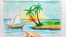 How to draw scenery of Island with water colour step by step