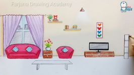 How to draw scenery of drawing room step by step