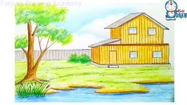 How to draw a scenery with two floor house step by step