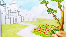 How to draw a scenery of flower garden with castle step by step