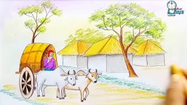 How to draw scenery of bullock cart step by step