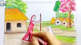 How to draw village scenery step by step oil pastel painting