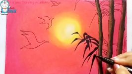 How to draw scenery of red sunset with OIL PASTELS step by step