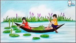 How to draw scenery of children collect water lily using boat step by step