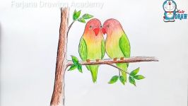 How to draw two parrots on a branch of tree step by step