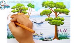 How to draw A Riverside Landscape with Oil Pastels step by step