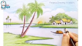 How to draw riverside Landscape Village scenery step by step