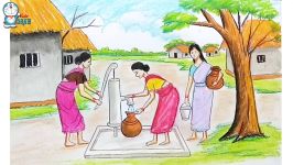 How to draw scenery of Take water from Tube well step by step