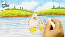 How to draw scenery of Mother duck and little ducklings swimming in the pond