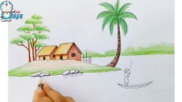 How to draw village scenery Riverside Landscape