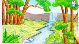 Waterfall scenery drawing for beginners with Oil Pastels  step by step