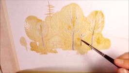 Watercolor Illustration birchtree forest  lineless style with masking fluid