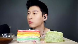 ASMR CREPE CAKE RAINBOW + GREEN TEA Sticky Eating Sounds  Zach Choi ASMR