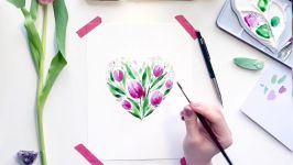 Create watercolor Spring postcard.Heart shape loose style flower bouquet.