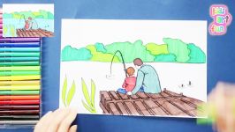 How to draw and color Fathers Day  father and son fishing