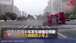 کامیون چینی پس تصادف فجیع خودرو شاسی بلند را راننده له کرد
