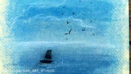 نقاشی دریا آسمان آبی مداد شمعی