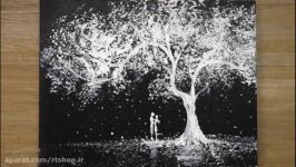 روش نقاشی حمام اسفنجی راهنمایی نقاشی کردن زوج رمانتیک در کنار درخت