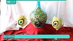 آموزش نقاشی روی شیشه  هنر ویترای روی شیشه نقاشی طاووس روی جام بطری 