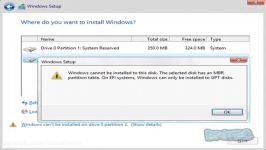 the selected disk has an mbr partition table on efi