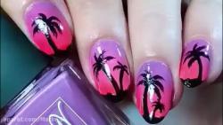 طراحی ناخن درخت نخل غروب Palm trees x Sunset nail art