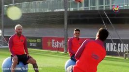 بازیگوشی لیونل مسی لوئیس سوارز در تمرینات بارسلونا