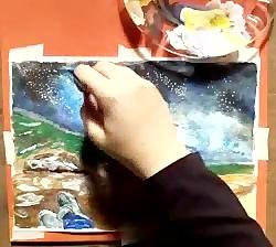 نقاشی منظره کهکشان تکنیک گواش آبرنگ