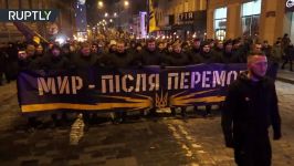 Death to the enemies Ultra nationalist Azov battalion stages torch lit march in Kharkov Ukraine