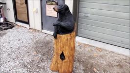 Chainsaw carving of bear cub in stump