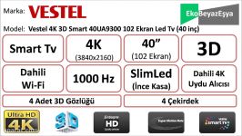 Vestel 4K 3D Smart 40UA9300 102 Ekran Led Tv 40 inç  EkoBeyazEşya