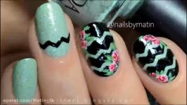 طراحی ناخن گل رز زمینه زیگزاگ Zigzag floral nail art