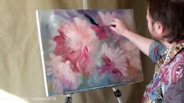 Peonies. Step by step easy painting with a palette knife for beginners Flowers oil painting tutorial